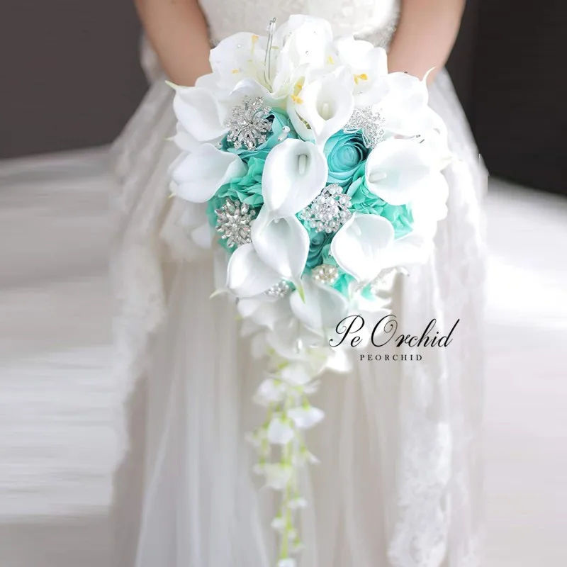 PEORCHID 2020 White Blue Waterfall Wedding Bouquet Brooch Artificial Peony Calla Lily flowers Crystal Bridal Bouquet