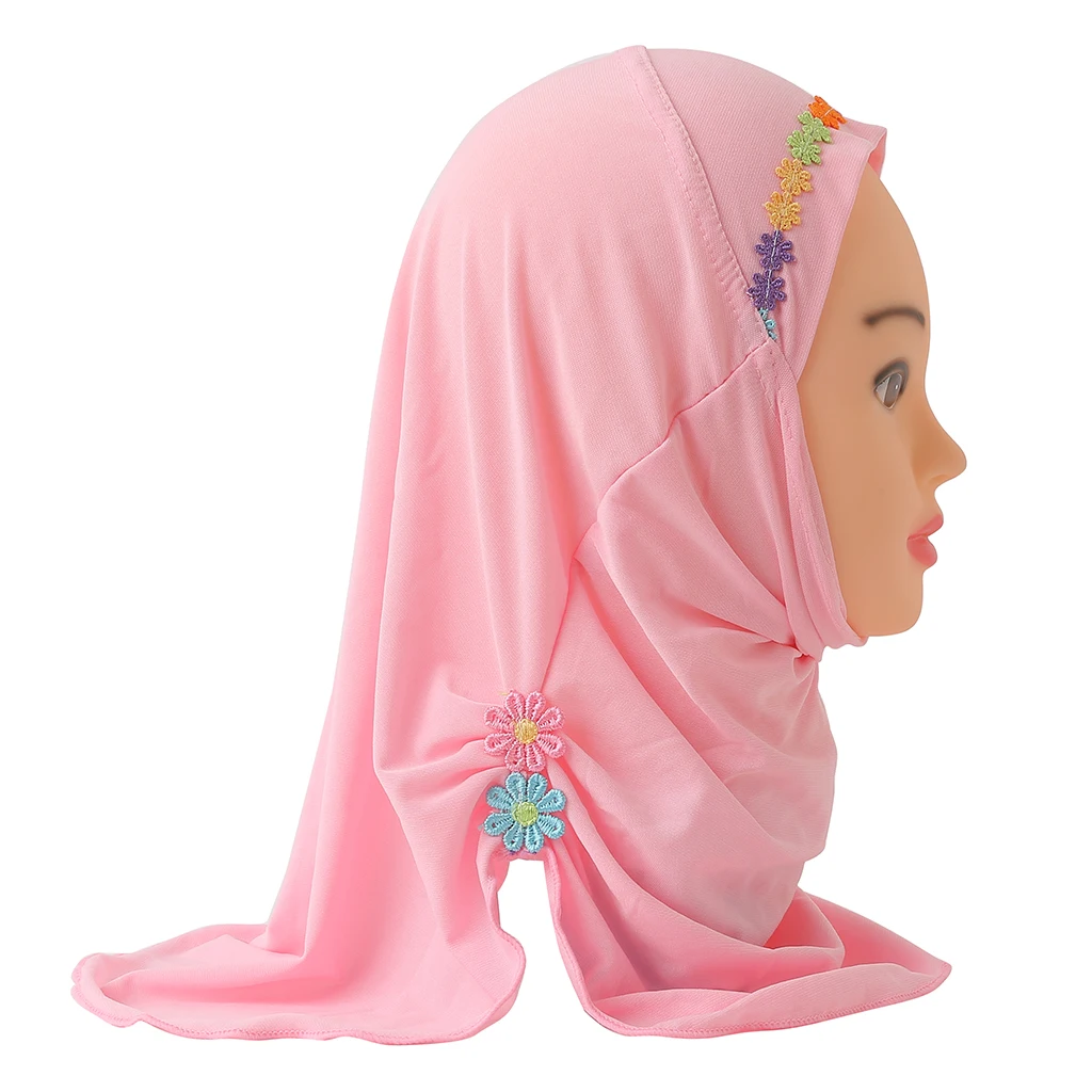 H041 beautiful small girl amira hijab with handmade flowers fit 2-6 years old kids pull on islamic scarf head wrap