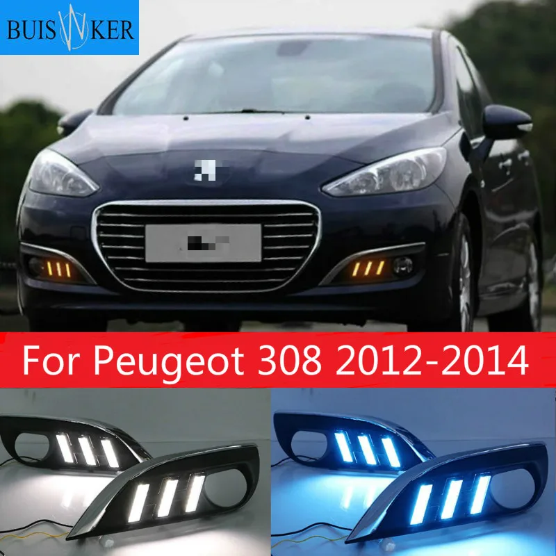 

2Pcs Car styling for Peugeot 308 2012-2014 LED driving DRL with Daytime Running Light yellow turn signal Fog Head Lamp