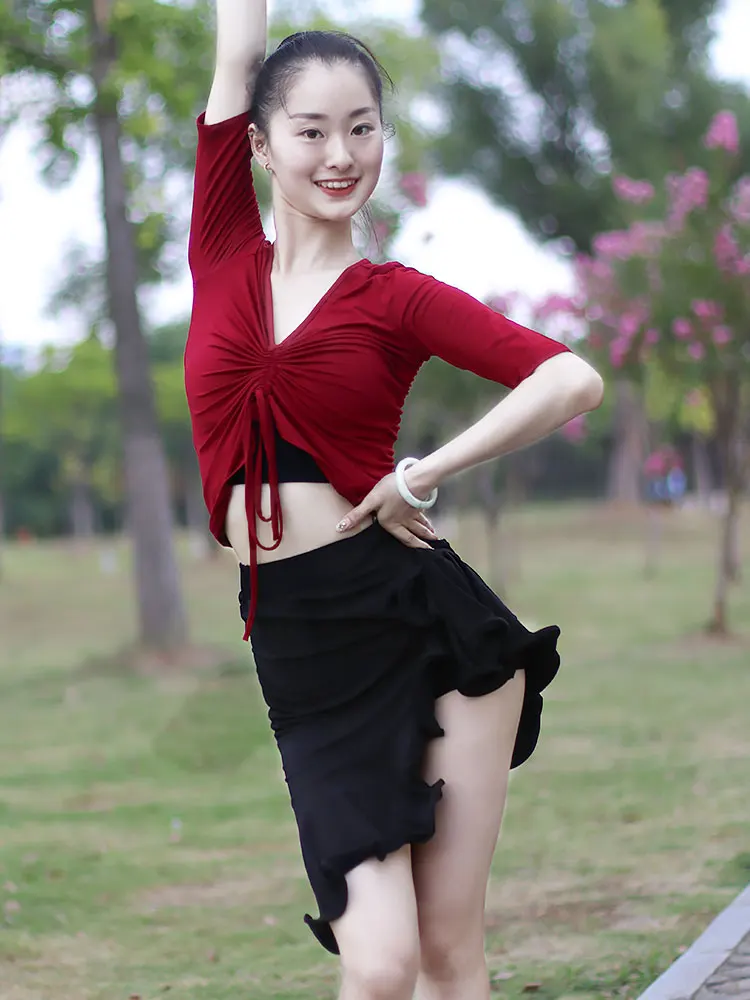 New Woman Latin Dance Skirt Lotus Leaf Dance Clothing Open Fork Practice Suit With Underpant