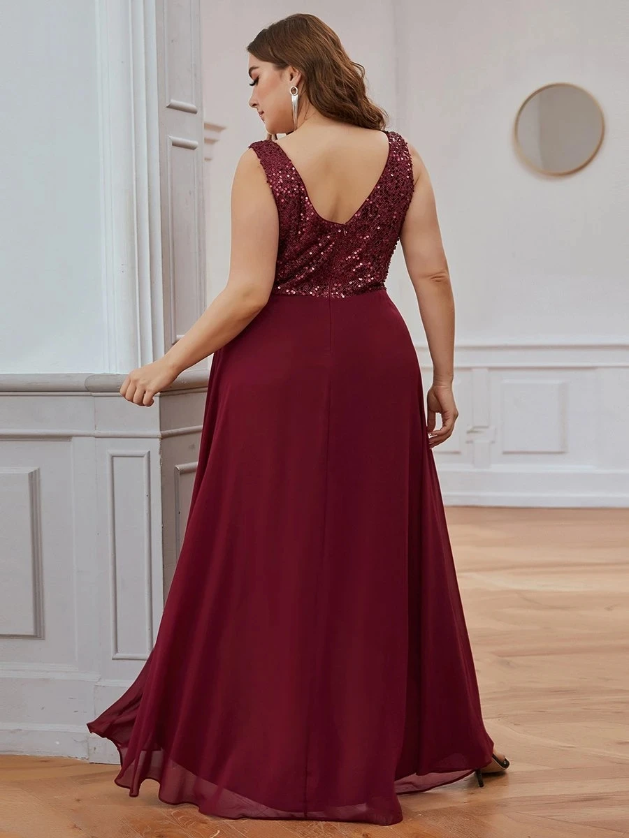 Plus ขนาดชุดราตรี V-Neck A-Line เลื่อมยาวชุด2023 Pretty Burgundy Elegant พรหมชุด wome