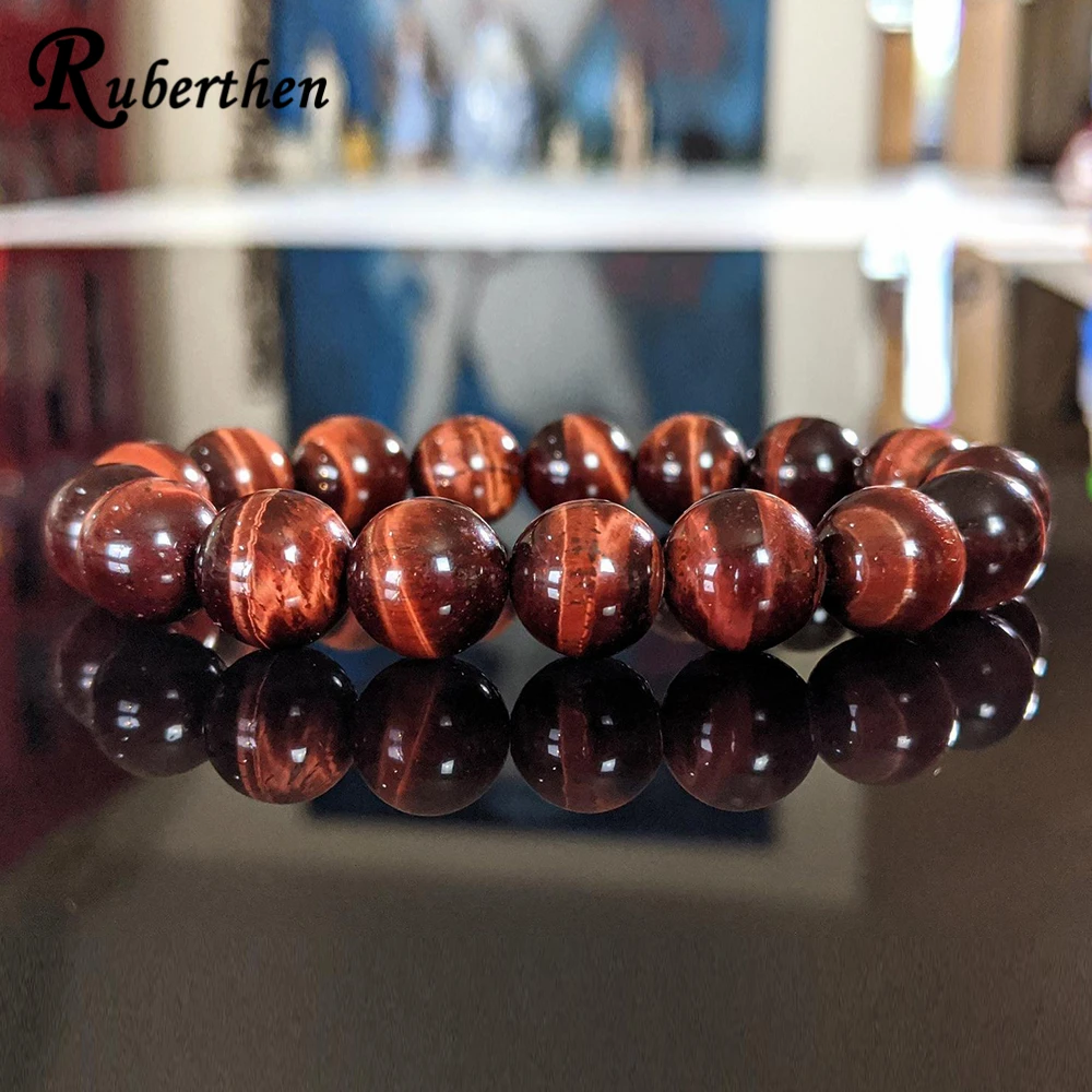 

Ruberthen 12 MM Natural Red Tiger Eye Bead Bracelet for Men Luxurious Gem Stone Beaded Bracelet