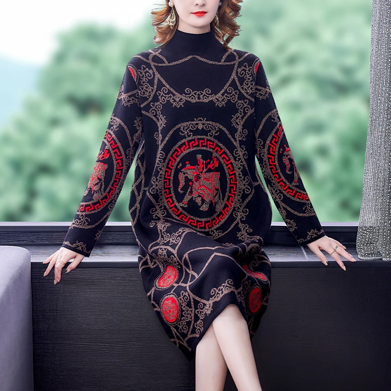 Autumn Winter Black Print Wool Sweater Midi Dress 2024 Vintage Knitted Tultleneck Pullover Women Elegant Bodycon Sweater&Jumpers