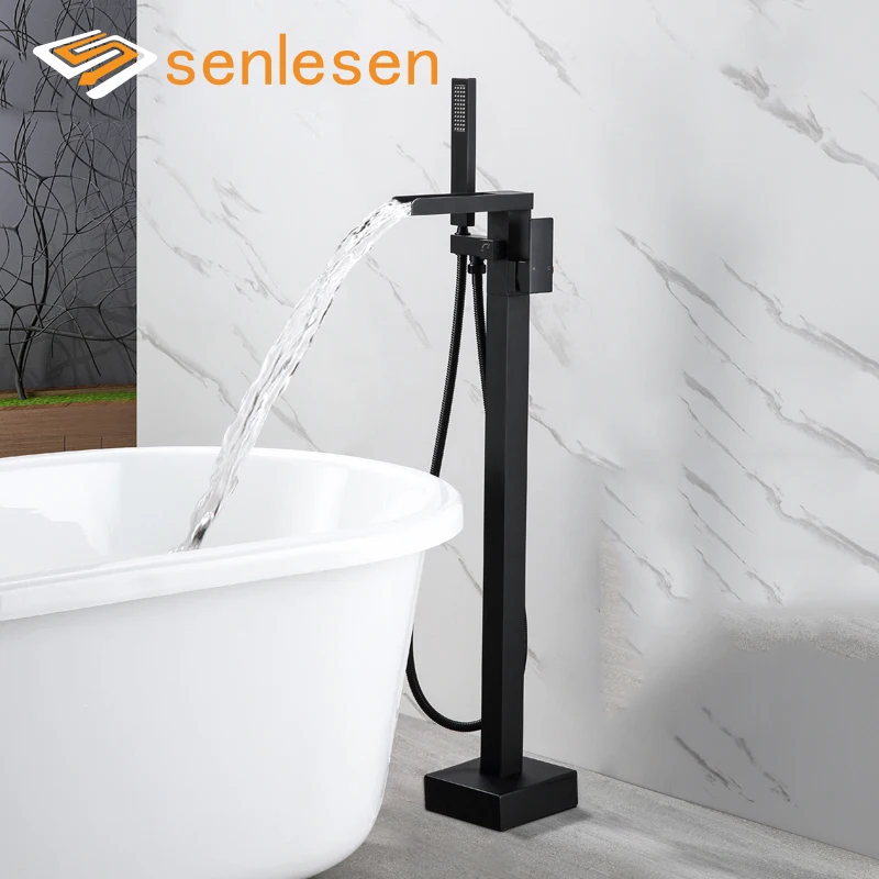 Senlesen Bathtub Shower Faucets Floor Standing Faucet Floor Mounted Waterfall Spout Bathroom Bathtub Taps Hot Cold Mixer Crane