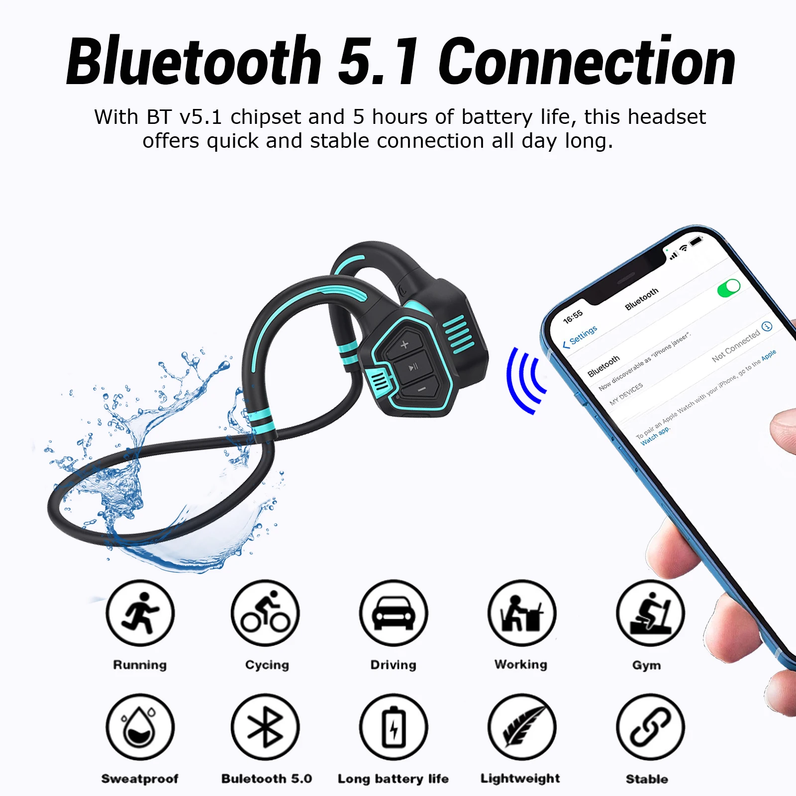 Bluetooth 5,1 наушники с костной проводимостью IP68 Водонепроницаемая гарнитура беспроводная Спортивная 16 ГБ MP3 музыкальный плеер с микрофоном для громкой связи