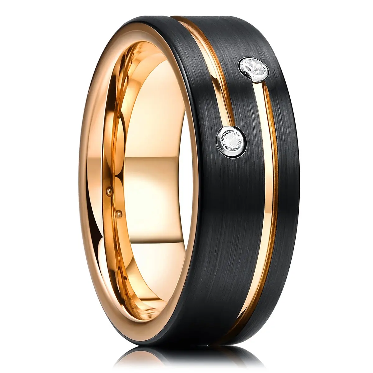 2022 Fashion 8mm Mens Tungsten Carbide Ring Inlay Zircon Thin Rose Gold Color Line Groove Black Brushed Men Ring Wedding Jewelry