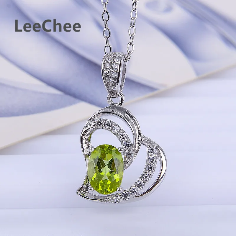 LeeChee 100% natural peridot pendant for women 5*7mm green gemstone necklace fine jewelry for girl real 925solid sterling silver