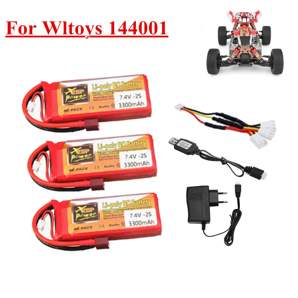 For Wltoys 144001 car 2s 7.4 V 3300mAh Lipo battery Charger Set with T Plug for Wltoys 1/14 144001 RC car boat Spare Parts