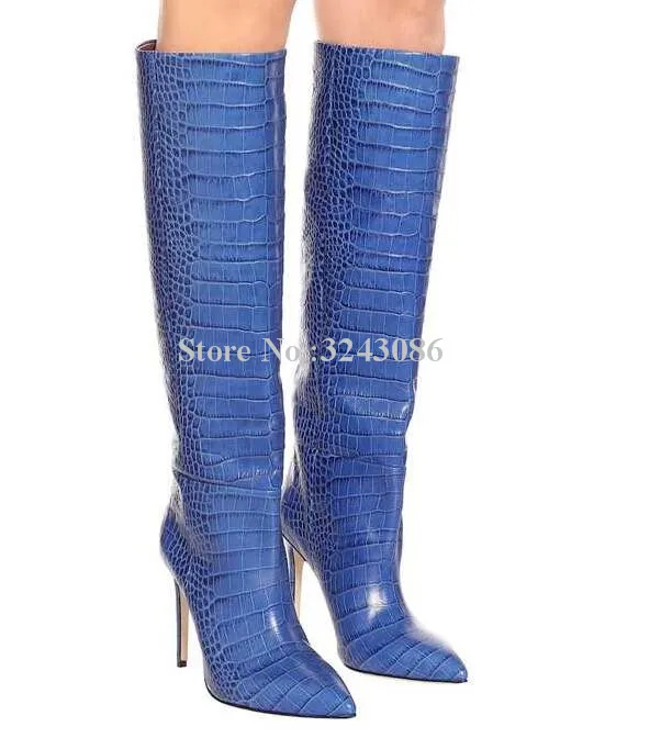 INS Popular Crocodile Print Stiletto Heel Long Boots Woman Sexy Pointed Toe Snakeskin Leather Knee High Boots Lady Knight Boots