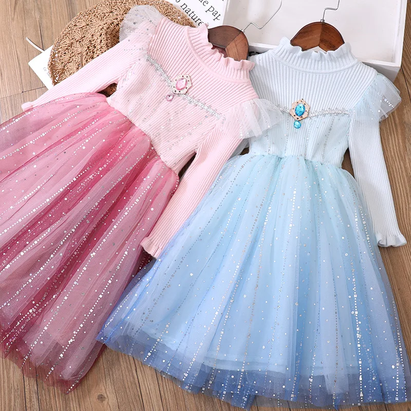 Princess Winter Long Sweater Dresses For Girls Kids Warm Cashmere Wedding Party Dress Knitted Evening Dress for 4 7 9 12 14 Year