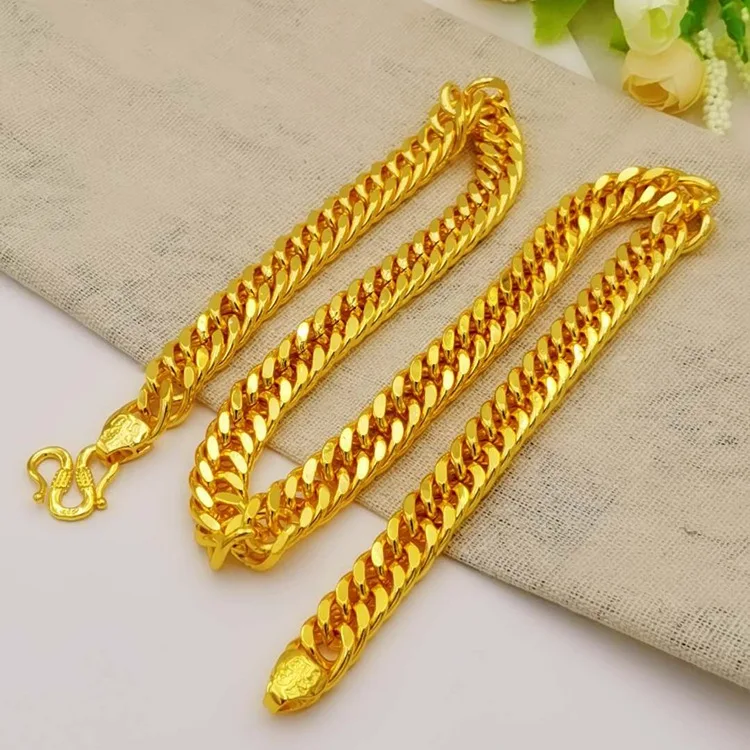 Pure Gold Color 10mm /12mm Wide Men\'s Necklace Fashion 24k GP Heavy Hip Hop /Rock Fashion Jewelry Chain for Men 60cm Long