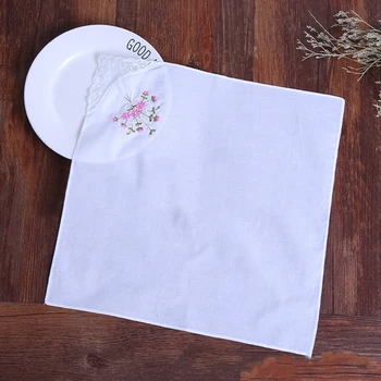 6 pçs vintage algodão senhoras bordado laço lenço feminino floral hanky