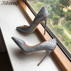 Tikicup Laser Silver Crocodile Effect Women Pointed Toe High Heels Sexy Ladies Slip On Party Shoes Designer Stiletto Pumps