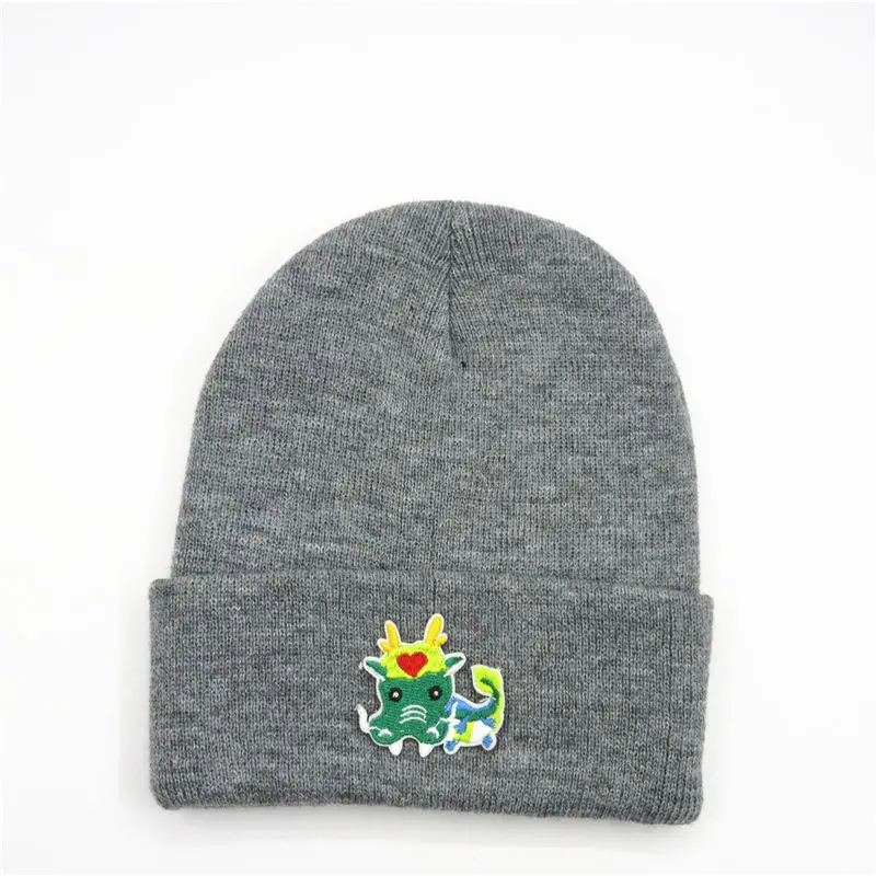 Cotton Cartoon Dragon Embroidery Thicken Knitted Hat Winter Warm Hat Skullies Cap Beanie Hat for Men and Women 221