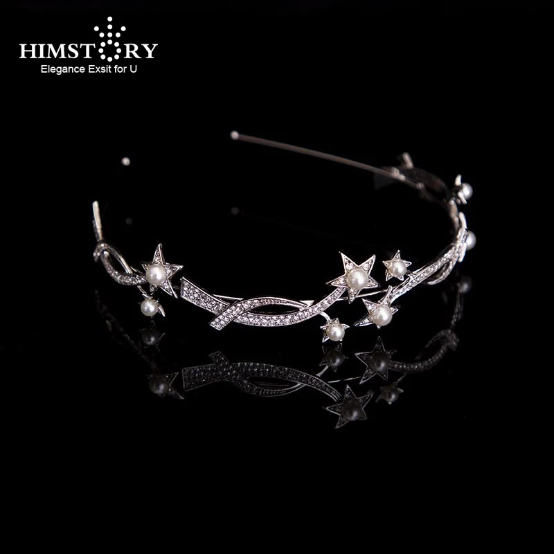 

HIMSTORY Wedding Hair Accessories Star Headbands Hairbands Crystal Pearl Headpiece Headwear Silver Color Girl Tiara