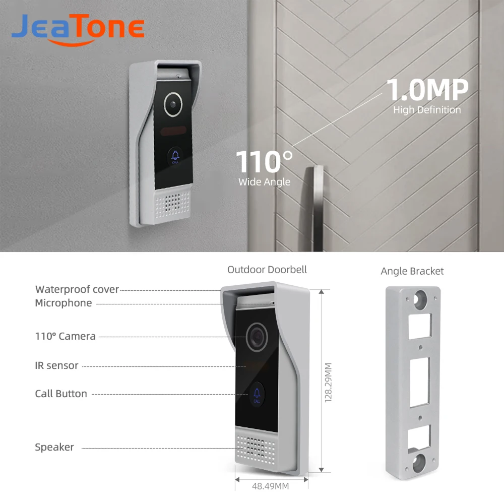 Jeatone-ビデオインターホンとアパート用の2ドアベル,Wi-Fi 720p,モニター付きドアベル