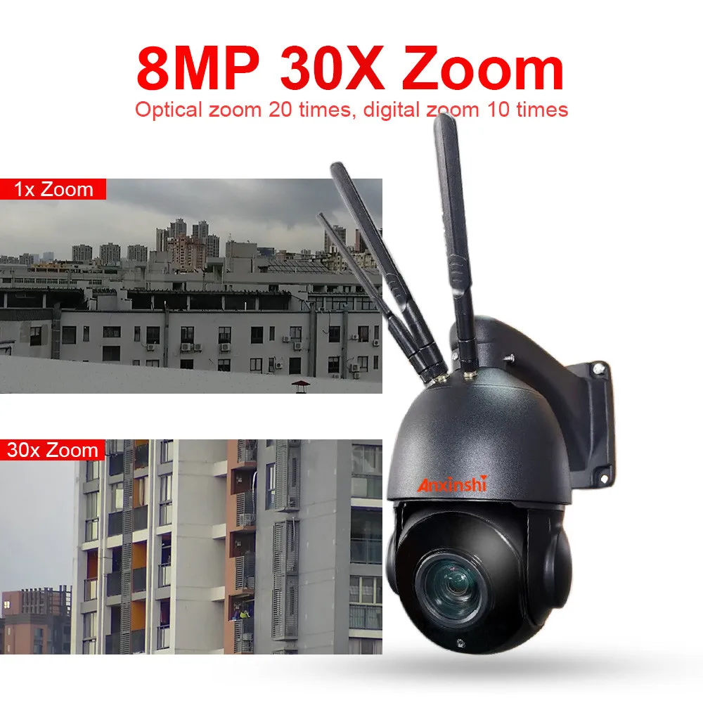 Anxinshi 4K 8MP Sim 4G Camera WIFI AI Human Tracking 30X Zoom Outdoor Wireless PTZ Camera  Two Way Audio IR 100m onvif Camhi