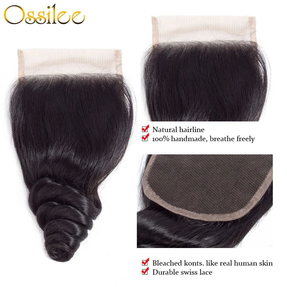 Ossilee Peruvian Hair Bundles With Closure Loose Wave Bundles With Closure Remy Human Hair 3/4 Bundles With Closure