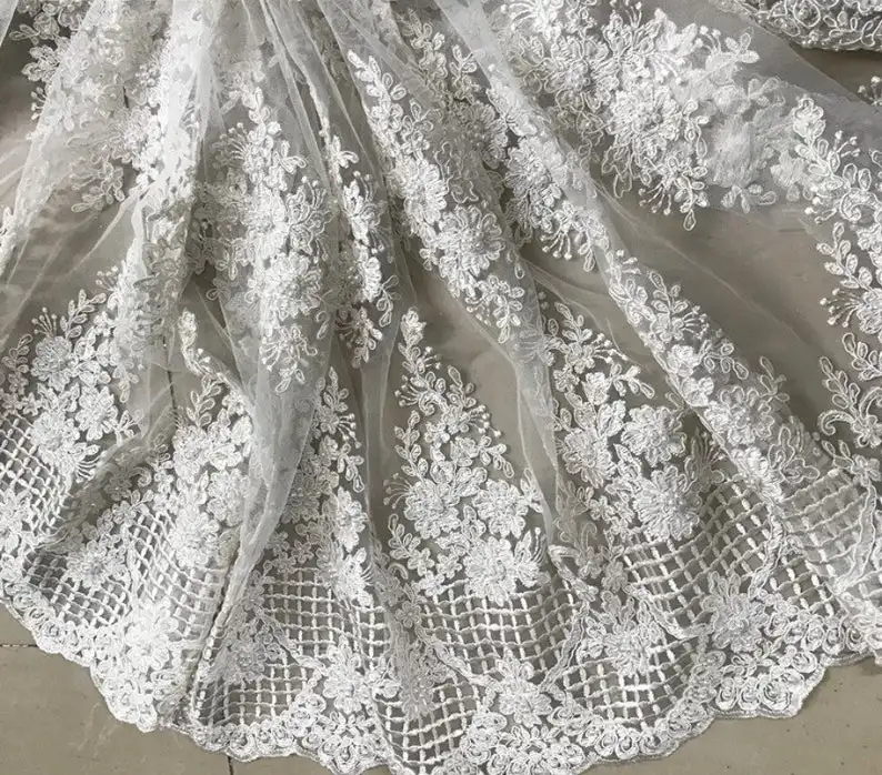 Heavy beaded lace fabric, Off White Crystal pearls lace fabric, retro corded lace fabric, gown lace fabric