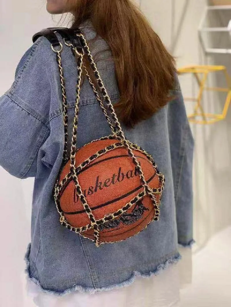 Unique Handbag Of Basketball Shaped Unisex Girls*Boys Handbag Basketball Lovers Handbag With Snake Chain Round Ball Shoulder Bag