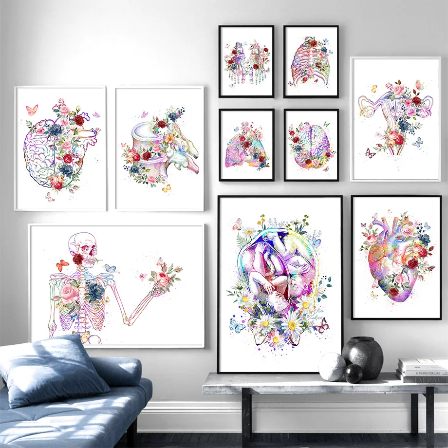 Flower foot bone anatomy wall art canvas painting nordic posters and prints doctors decorate wall pictures