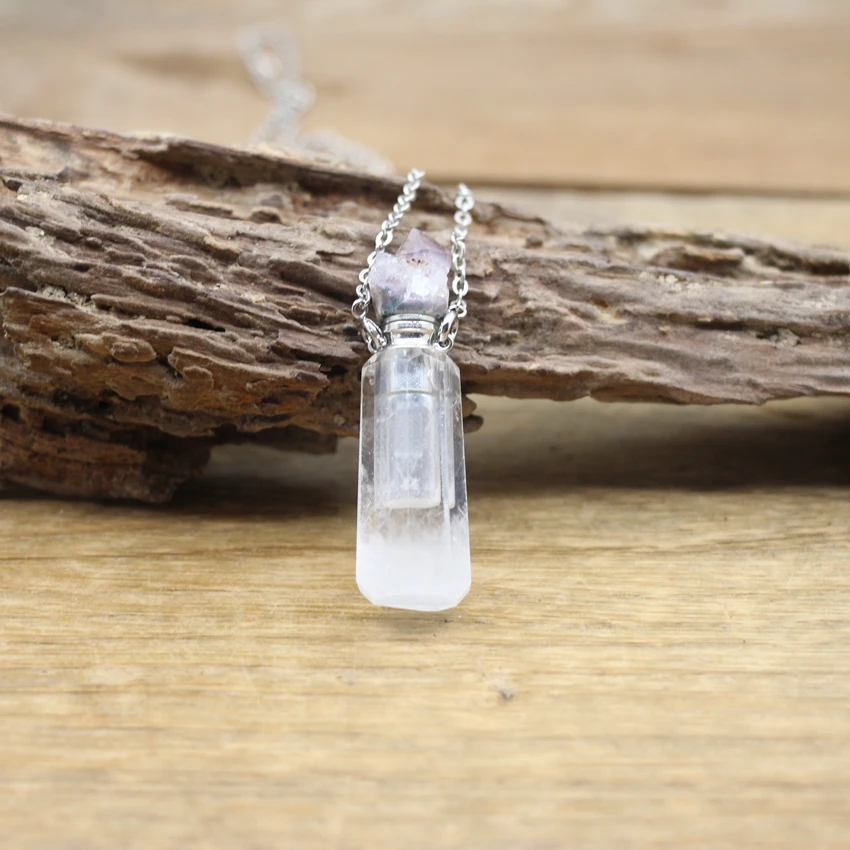 Natural White Crystal Perfume Bottle Pendant Silver Plated Chain Necklace Oil Essential Diffuser Oial Charm Stone Jewelry,QC1138