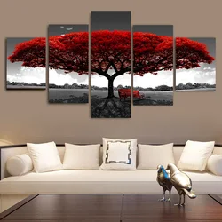 Nordic 5 Panels Canvas Painting Landscape Gray Sky Red Tree Bench Posters and Prints Wall Art Pictures Living Room Decoration