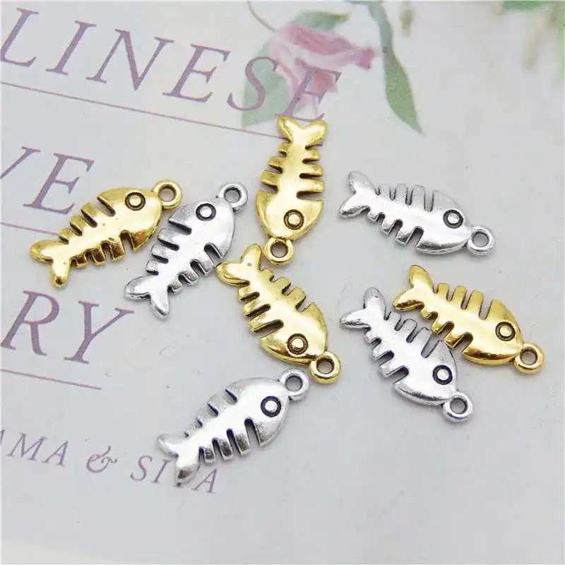 Julie Wang 40PCS Small Fish Bones Charms Retro Antique Color Fish Pendant Bracelet Alloy Jewelry Making Accessory