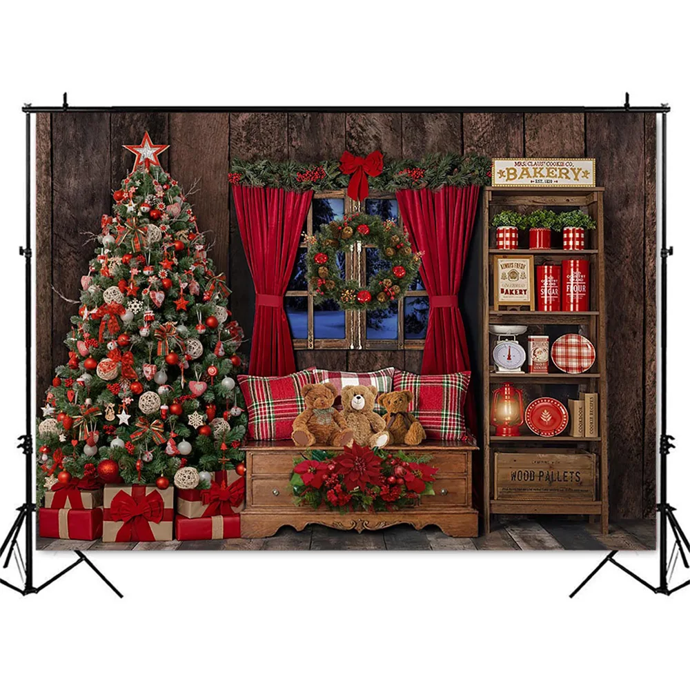 Photography Background Christmas Windows Toy Bear Backdrop Cupboard X-mas Tree Gift Boxes Wood Wall Photo Background Props