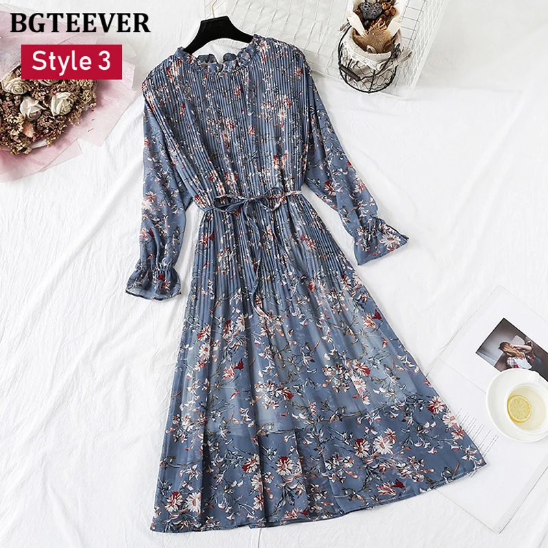 BGTEEVER Spring Stand Collar Floral Print Women Dress Lace Up Female Pleated Dress Summer Party Midi Chiffon Vestidos femme 2021