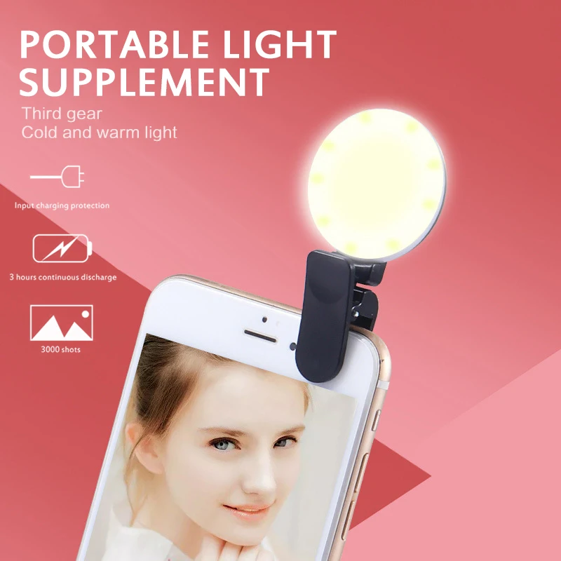 Mobile Phone LED Selfie Ring Light Portable 3 Gears Photography Clip Light Beauty Fill Lamp For Cell Phone Camera Rechargeable