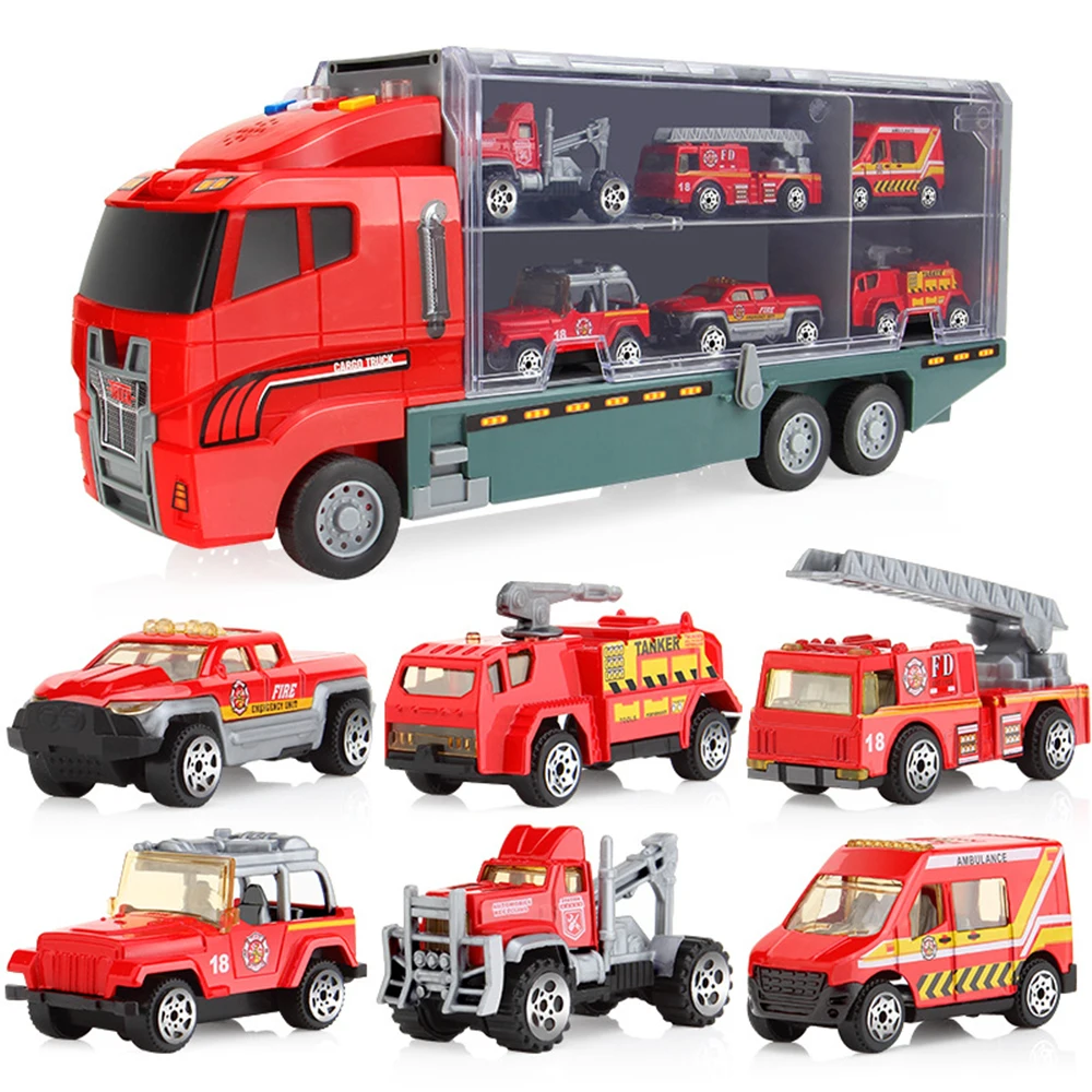 6In1/set Container Fire Truck Toys with Mini Diecast Alloy Car Sliding Transport Trucks Collection Toys for Boys Kids Gift