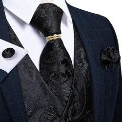 Classic Black Wedding Vest for Men Silk Suit Vest Tie Ring Cufflinks Hanky Set for Party Formal Dress Business Casual Waistcoat