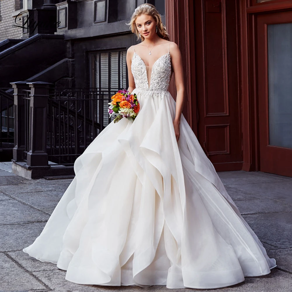 Liyuke vestido de casamento linha com decote em v profundo e deslumbrante saia de organza com alça fina de casamento