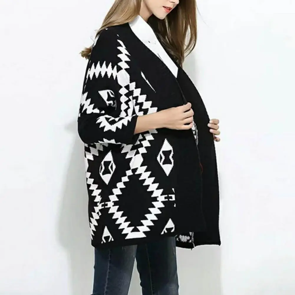 Geometric Argyle Women Sweater Cardigan Knitted Coat Top Casual Ethnic Vintage Print Autumn Winter Warm Sweater Coat Casual