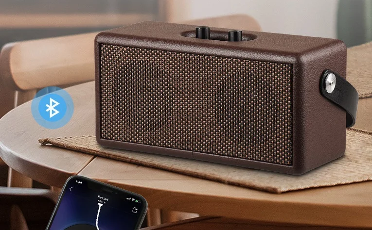 Two Retro Wireless Bluetooth Speaker, 16W Stereo Sound, Bluetooth 4.2 with 8 Hours Playback, 4500mAh Battery, Leather Holder