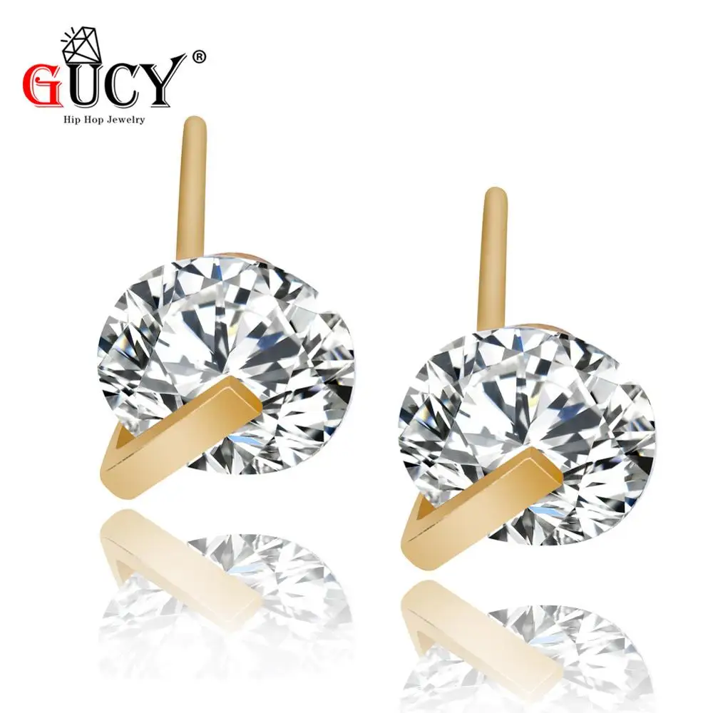 GUCY Shining  Round Genuine Earrings Iced Cubic Zirconia Stud Earring Men's Hip Hop Jewelry For Friend Gift