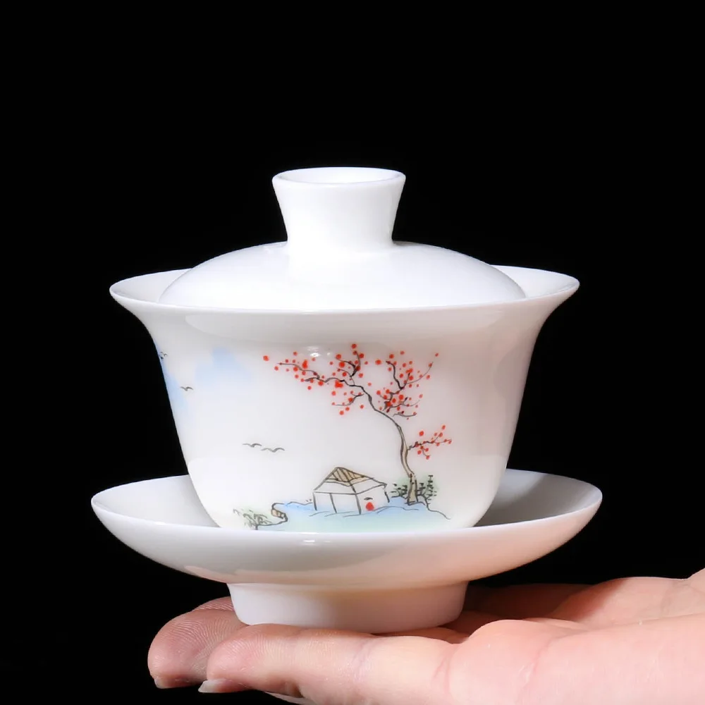 

handpainted porcelain gaiwan thin glaze creative covered bowl with lid cup saucer ceramic tureen China Dehua SANCAI bowls new