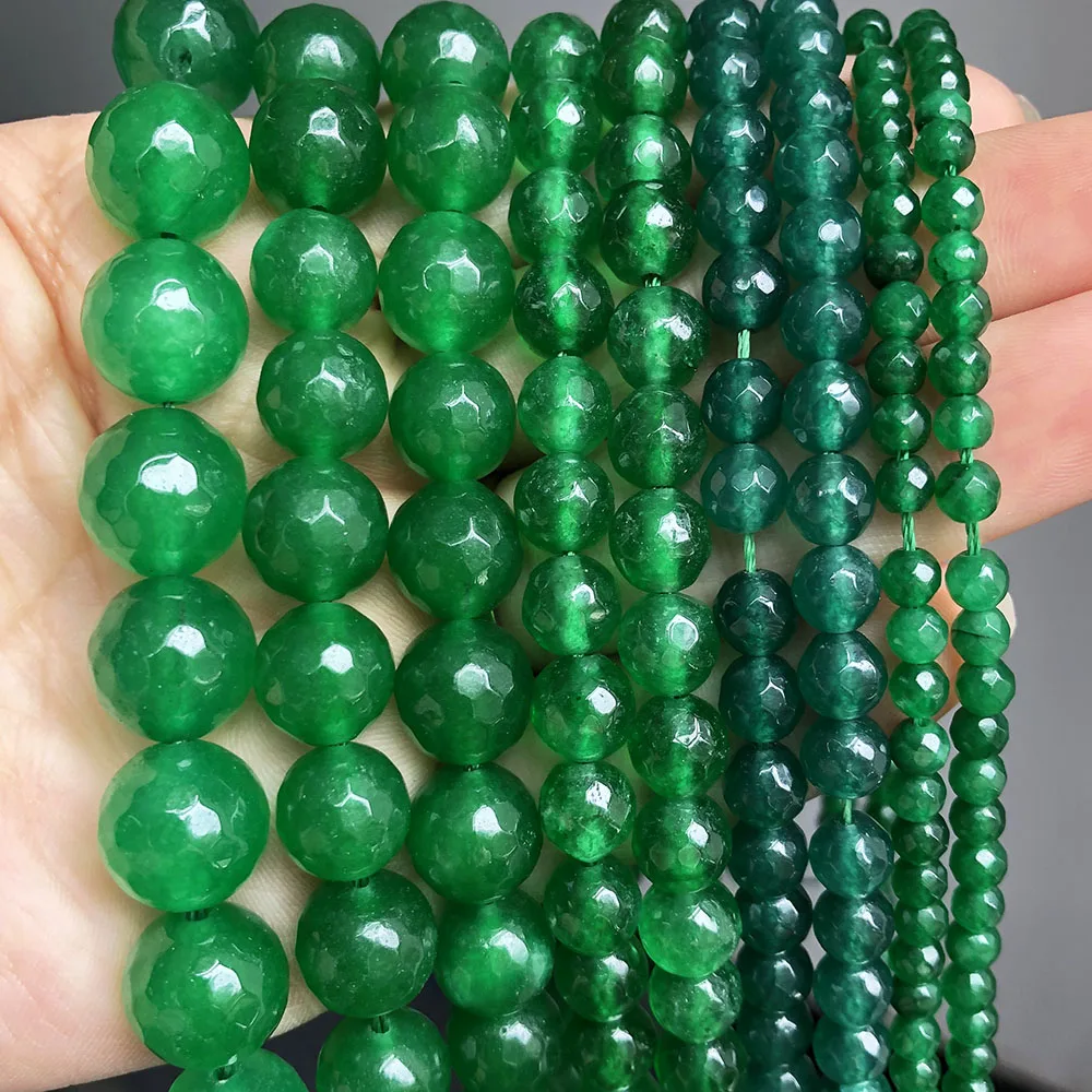 Faceted Dark Green Chalcedony Jades Beads Natural Loose Beads For Jewelry Making DIY Bracelet Accessories 15\'\' 4 6 8 10 12mm