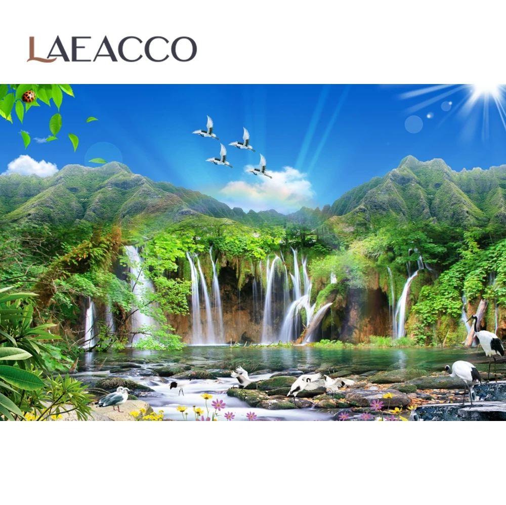 Laeacco Mountain Waterfall Crane River Stone Blue Sky Cloudy Natural Scenic Photo Backdrop Photographic Backgrounds Photo Studio