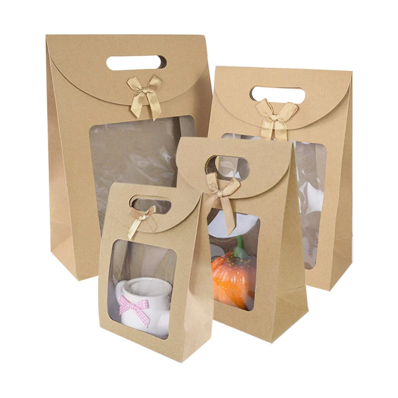 

2pcs Kraft Paper Bags With Clear Window Birthday Gift Bag With Handle Cookie Packaging Bag Chirstmas Wedding Party Favor Boxes