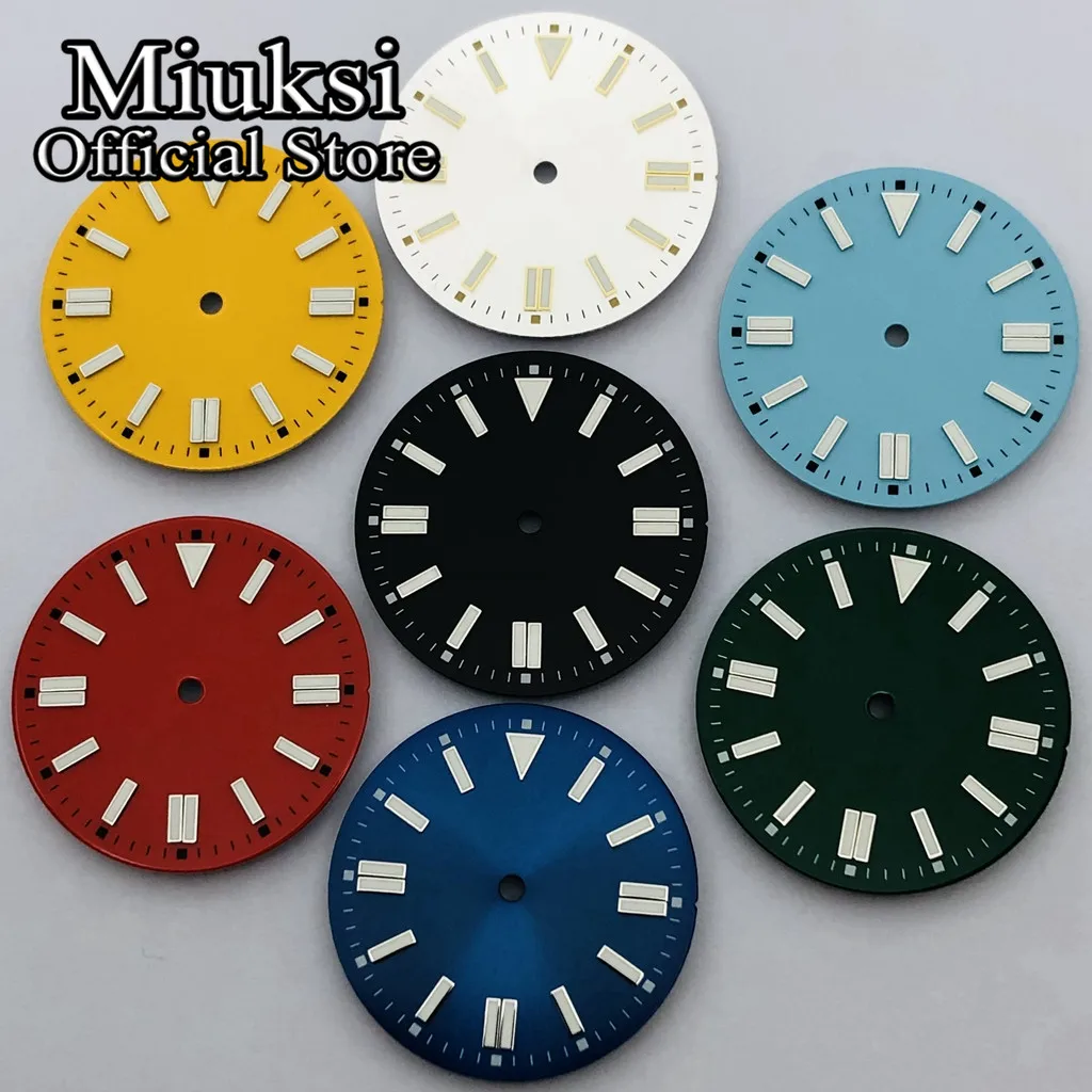 Miuksi 28.5mm/31mm black blue green red yellow watch dial luminous fit NH35 NH36 ETA2824 2836 Miyota 8215 DG2813 3804 movement