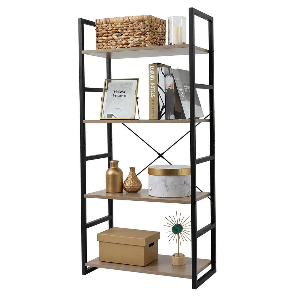 In Stock 4 Tier Bookcase Shelf Storage Organizer Wood and Metal Bookshelf Rack Gray Book Rack  US Warehouse