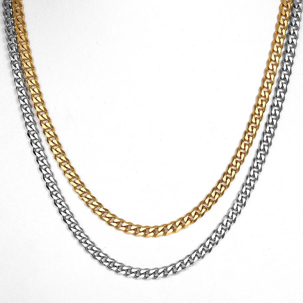 2pcs 5mm Gold Color Silver Color Stainless Steel Necklace Men Boys Simple Flat Curb Cuban Chain Fashion Layer Jewelry