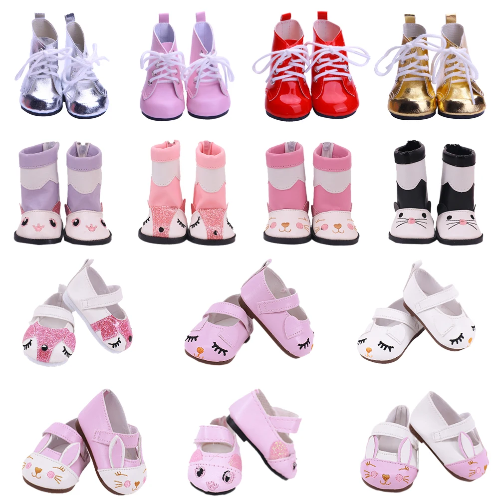 

7*4.5Cm Doll Shoes Pink Kitty Sneakers,Lace-Up Leather High Boot For 18 Inch American &43Cm Born Baby Our Generation Girl's Toys