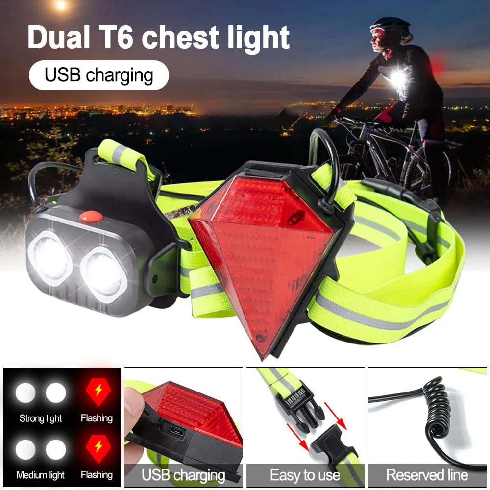 Outdoor Sport LED Night Running Safety Warning Lamp USB Rechargeable Chest Light for Cycling Jogging with Back Light