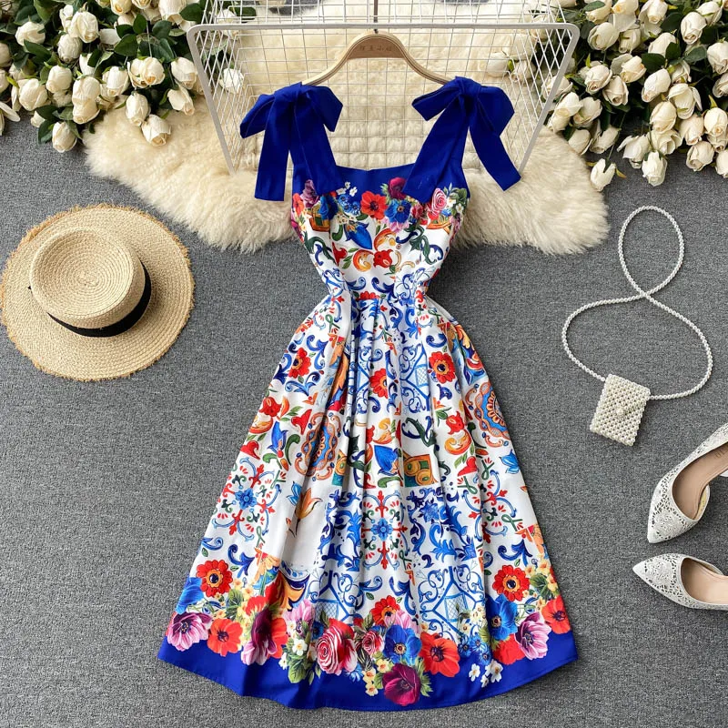 Summer New Fashion Brand Designer Runway Vestidos Women's Spaghetti Strap Bow Tie Printing Midi Party Dresses