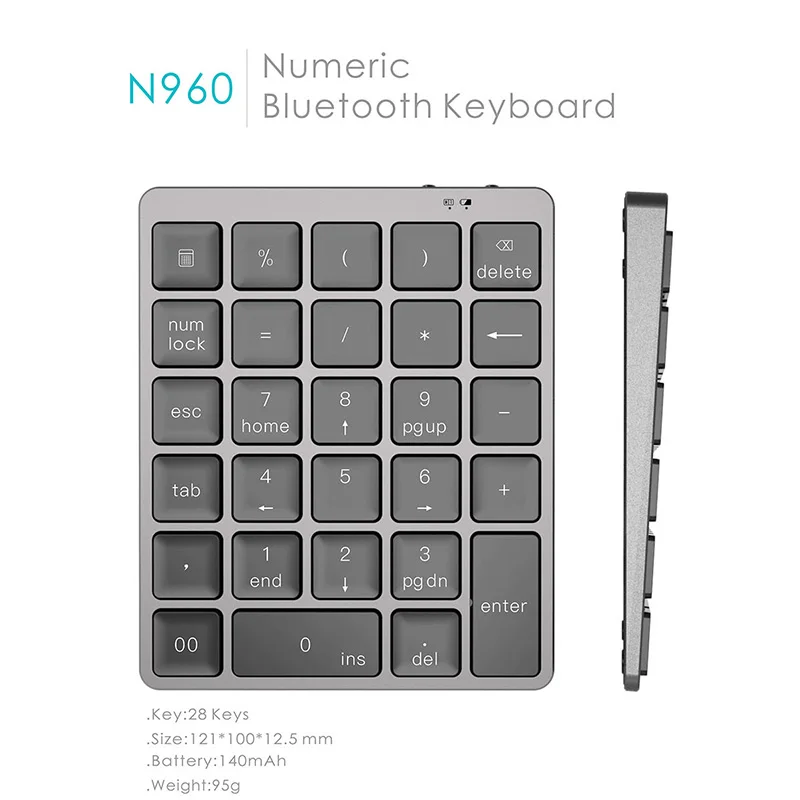 

Chargeable Bluetooth Numeric Keypad 28 Keys ,Aluminum Alloy Wireless Number Pad Slim Portable Keyboard for PC, Laptop,Work