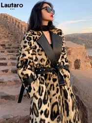 Lautaro Winter Long Leopard Print Warm Fluffy Faux Fur Trench Coat for Women Long Sleeve Double Breasted European Fashion 2021