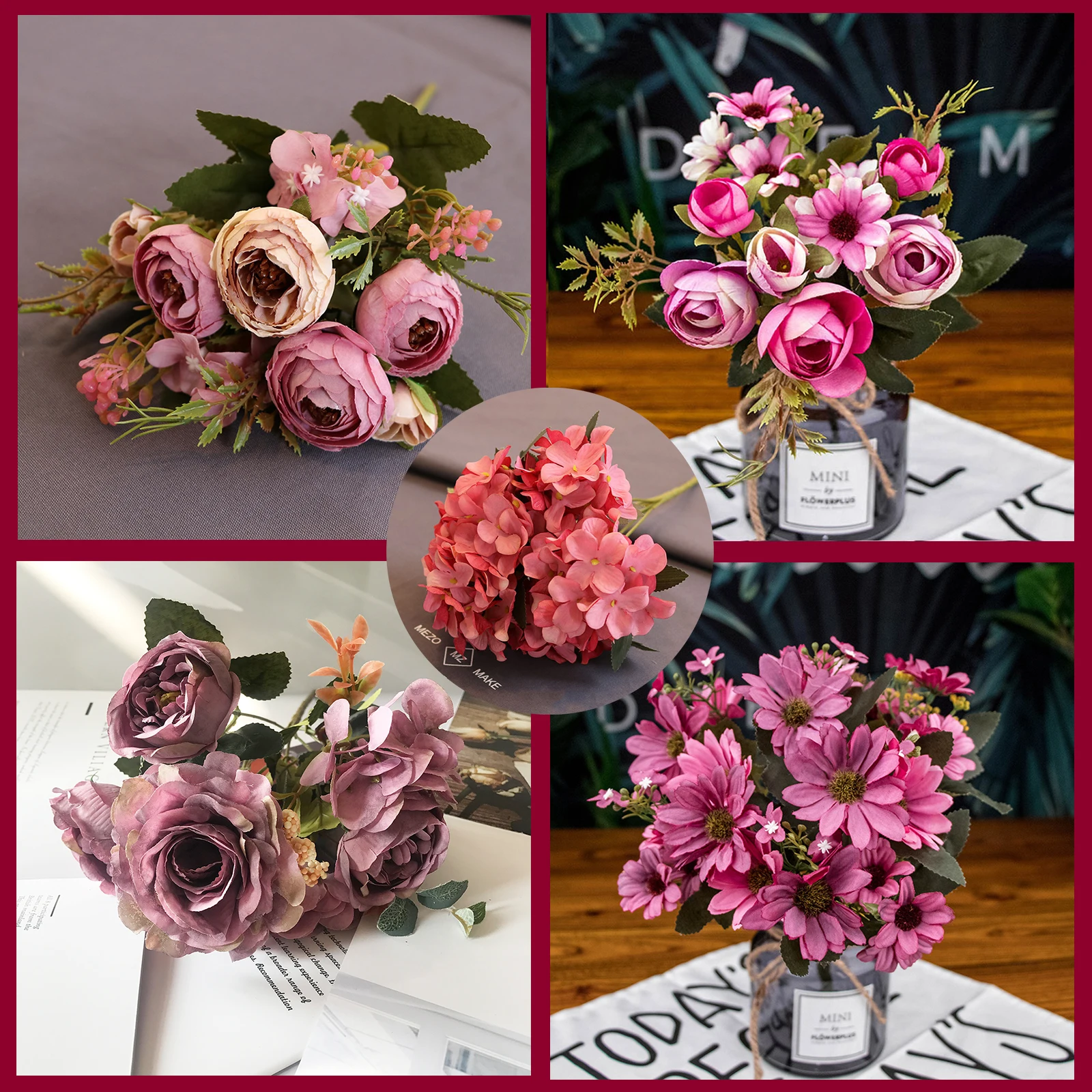 1pcs Rose red Artificial Flowers Peony Tea Rose Autumn Silk Fake Flowers for DIY Living Room Home Garden Wedding Decoration